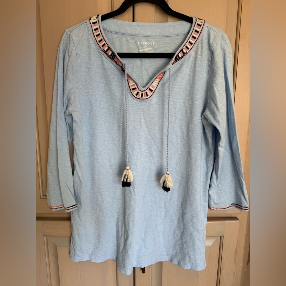 Talbots Tassel Tie Tunic medium light blue coastal grandma chic summer comfort